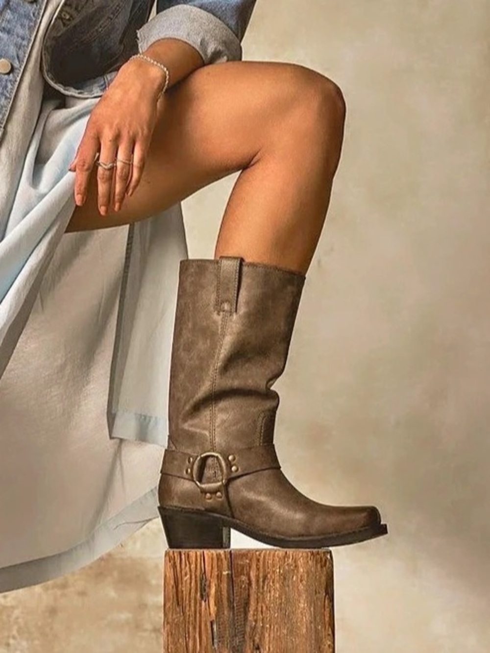 Frye Harness Grey Leather Block Heel Western Boots Women's Size 7.5
